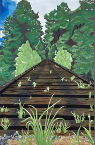 Vibrant greenery growing through an old wooden train track.