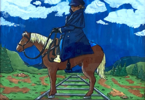 A bandit dressed in a long blue coat sitting on a horse while blocking the train's path.