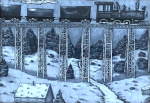 Night watercolor of a train crossing a high metal track over a snowy valley.