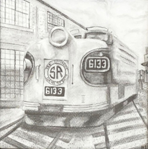 Gray pencil drawing of train engine 6133.