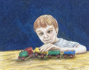 Drawing of a boy playing with a toy train set.