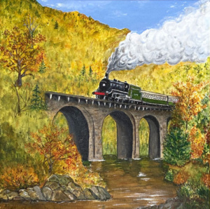 Painting of an old style train crossing a stone bridge nestled alng a green hillside.