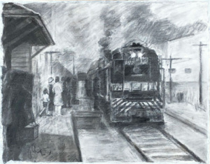 Smokey drawing of a train approaching a station with waiting passengers.