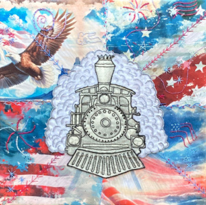 Quilt depicting a linear image of a train's front, surrounded by the American flag, a bald eagle, and stars.