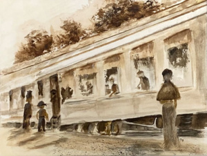 Brown gestural watercolor of passengers entering an old train via the side entrance.