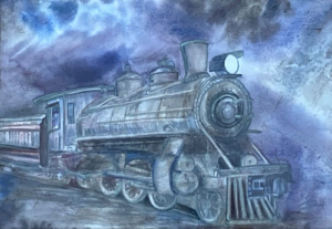Bleu hued watercolor of a train travelling at night.