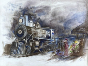 Gestrual watercolor of a train arriving at the station at night.