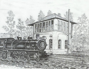 Black and white drawing of an old style train passing a depot tower.