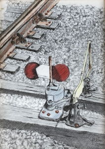 Up close black and white drawing of a train track switching mechanism.