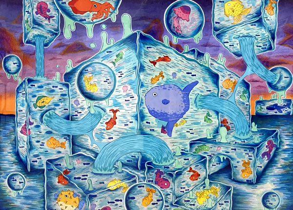 Vibrant, colorful seascape of fishe in floating ice-like cubes.