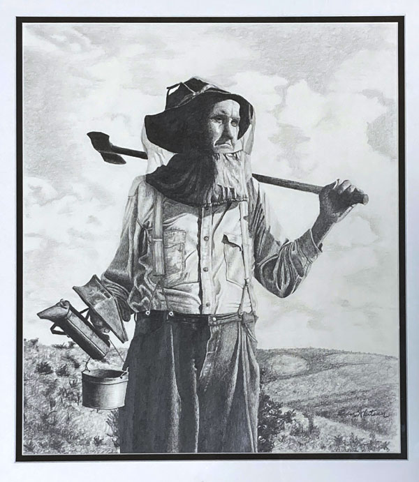 Black and white drawing of a very old woman in a hat with bee-netting.