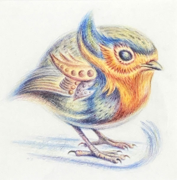 COlored pencil drawing of a round bird with swirls of color.