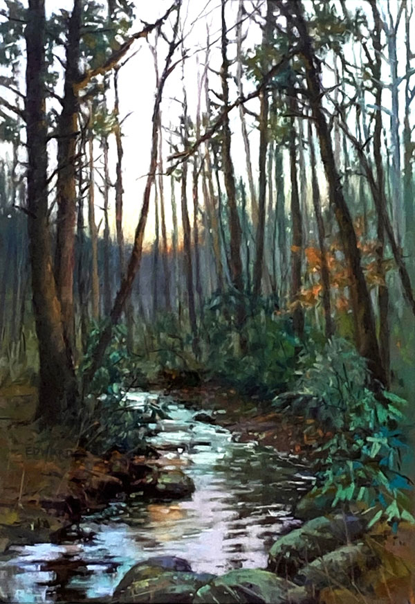 Tall, thin painting of a creek running through woods with the sun setting in the distance.