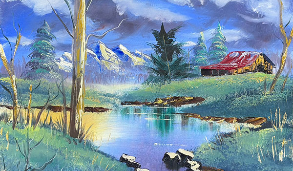 Oil painting by William Martin of a blue and purple hued landscape of a red barn on a hill above a still pond.