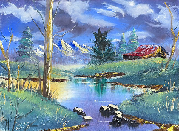 Oil painting by William Martin of a blue and purple hued landscape of a red barn on a hill above a still pond.