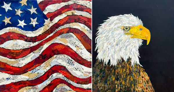 collage artworks of an American Flag and Bald Eagle.