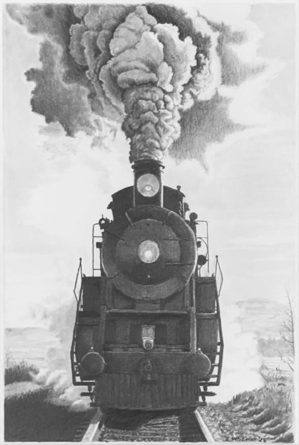 graphite drawing of a steam train headed for the viewer.