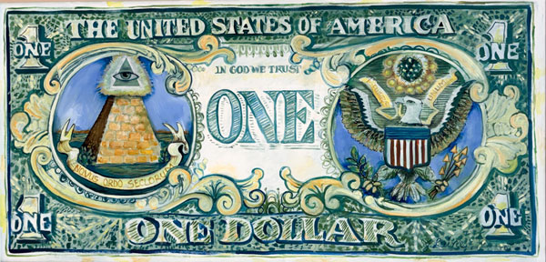 large colorful painting of a one dollar bill.