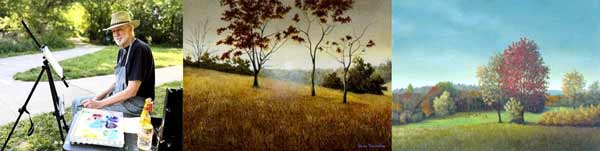 three landscape paintings in traditional style by artist Gene Tennison.