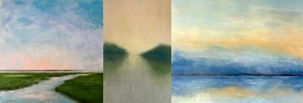 three paintings in a colorful loose style by artist Kim Painter.