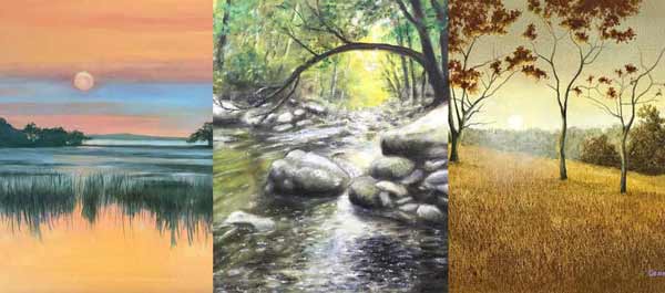 three images from three artists - a sunset, a running stream and agrassy field.