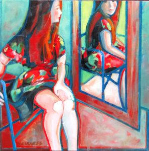 painted portrait of woman looking in a mirror