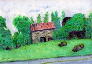 farm and old tobacco barn rendered in colored pencil