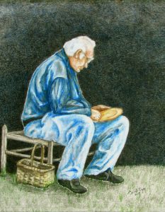 old carving man rendered in colored pencil