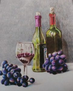 wone bottles and grapes still life rendered in colored pencil