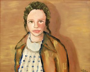 painted portrait of woman in brown jacket