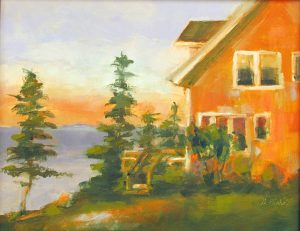 lake side red house painted in oil