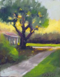 house and tree at dusk painted in oil