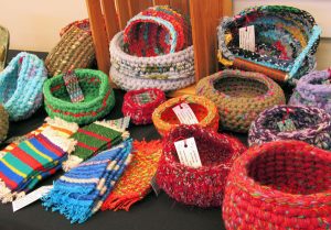 multicolored yarn flats and yarn-made bowls