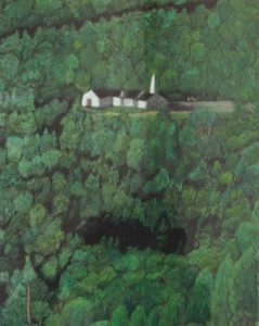 landscape woth church rendered in colored pencil