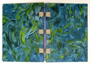 blue and green art book hand-stitched with three large sections by Jewel Reavis