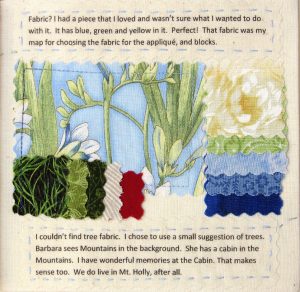 Hand-stictched sampler quilt book page with nine fabric swatches and descriptive lettering by Sandy Mason.