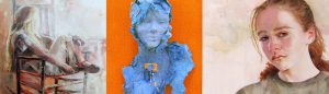 woman in a rocking char painted in oil blue female form paper sculpture and a watercolor of a young girl