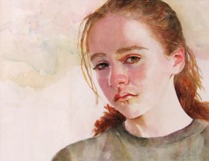 Watercolor of girl with red hair by artist Lynn Schilling