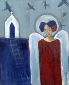 Oil painting of a woman with wings in front of a white church by artist Allegra Wilson