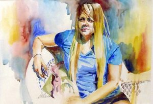 Watercolor of a young woman in a blue shirt reclining in a wicker chair by artist Barbara ONeal Davis.