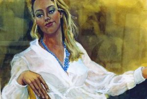 Watercolor of a woman in a white shirt reclining against a yellow and black background by artist Barbara ONeal Davis.