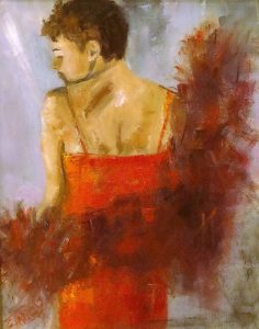 Oil painting of a woman in a red dress and boa viewed from behind by artist Cam Tracy