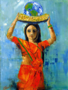 Oil painting of a woman in a sari carrying the earth on her head by Cam Tracy in the I Am Woman 2020 exhibit at Southern Arts Society in Kings Mtn NC.