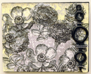 Mixed media work of line art flowers in black against a yellow background and collage by artist Cass Roberts.