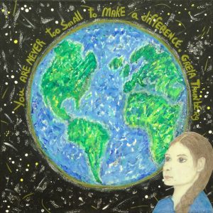 Mixed media drawing of a young girl against the earth and the words: "You are never too small to make a difference - Greta Thunberg" by artist Cass Roberts