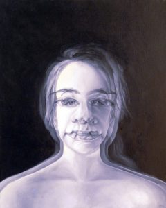 Oil painting of a womans head and shoulders rendered in purple against a black background by artist Cecil Norris.