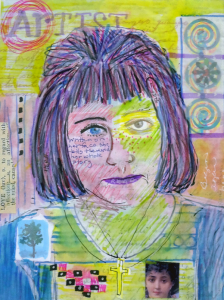 Mixed media image woman drawn over journal collage by artist Chris Tessnear.