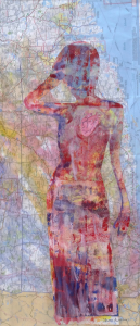 Mixed media of woman with visible heart painted in red against a map by artist Chris Tessnear.