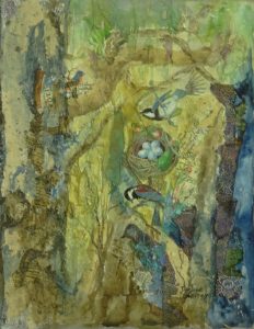 Mixed media work showing birds nesting in a tree by artist Darlene Godfrey.