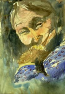 Watercolor of older woman in a blue dress cradling her face in her hand against a green back ground by artist Darlene Godfrey.